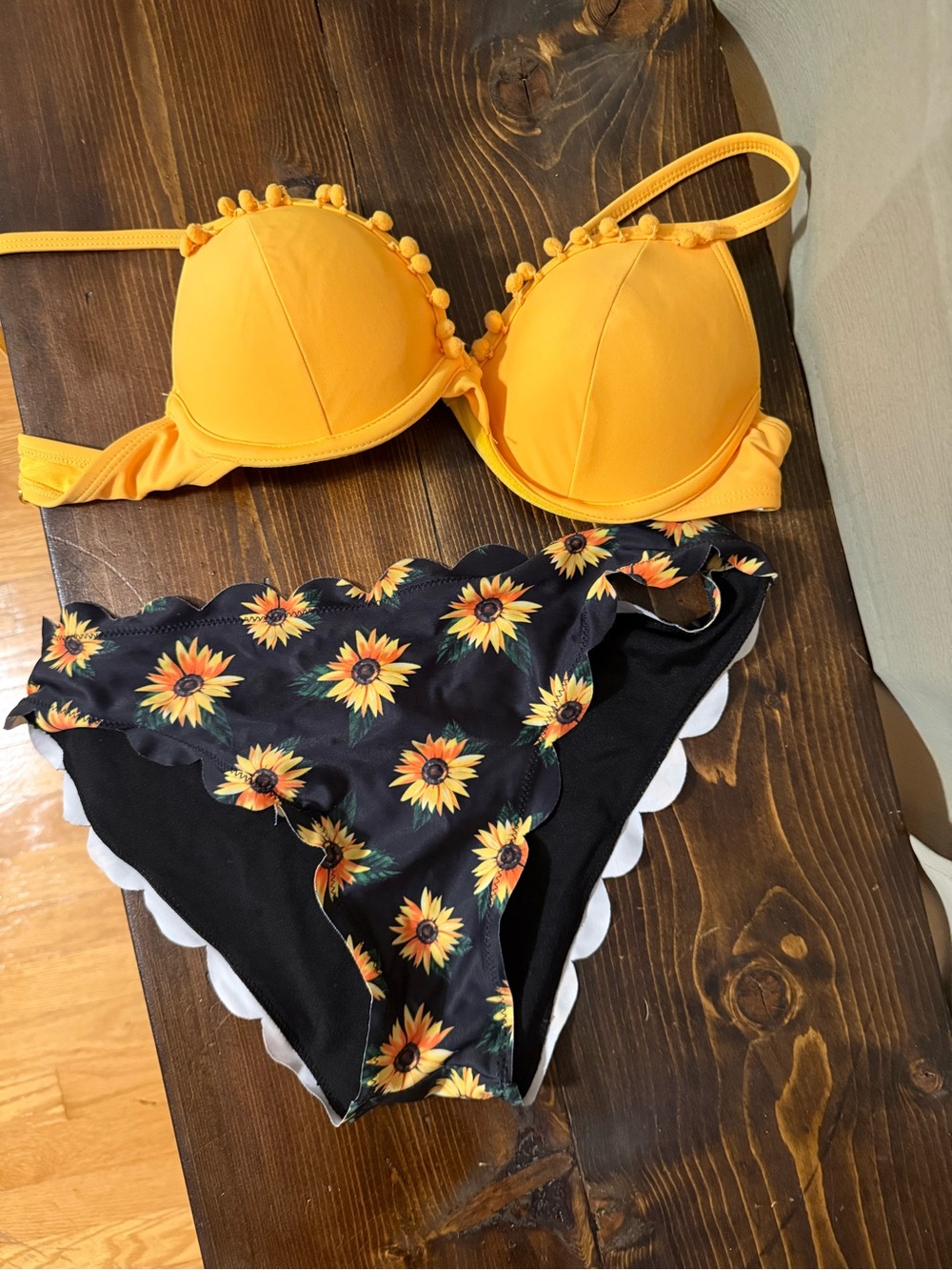 Sunflower Contrast Bikini Set - Yellow Top & Black Sunflower Bottom